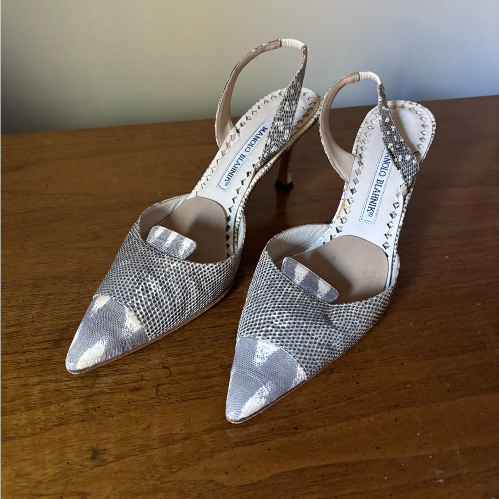 Manolo Blahnik Gray Snakeskin Slingbacks